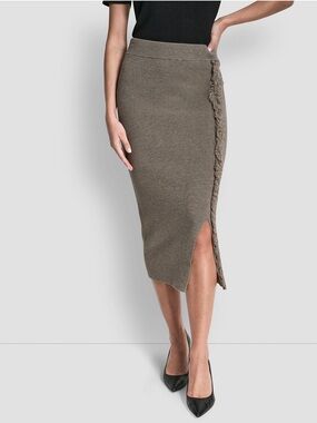 DKNY Taupe Knit Pencil Skirt with Fringe Side Slit Minimalist Classic Chic Edgy